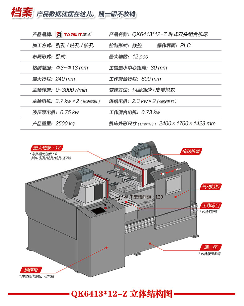 達(dá)人QK6413*12-Z臥式雙頭多功能組合機(jī)床產(chǎn)品參數(shù)